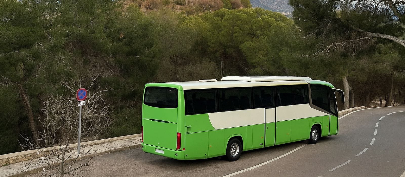 Autobús aparcado en el entorno del Castillo de Gibralfaro Autobús estacionado junto a un pinar en la zona alta del Castillo de Gibralfaro en Málaga